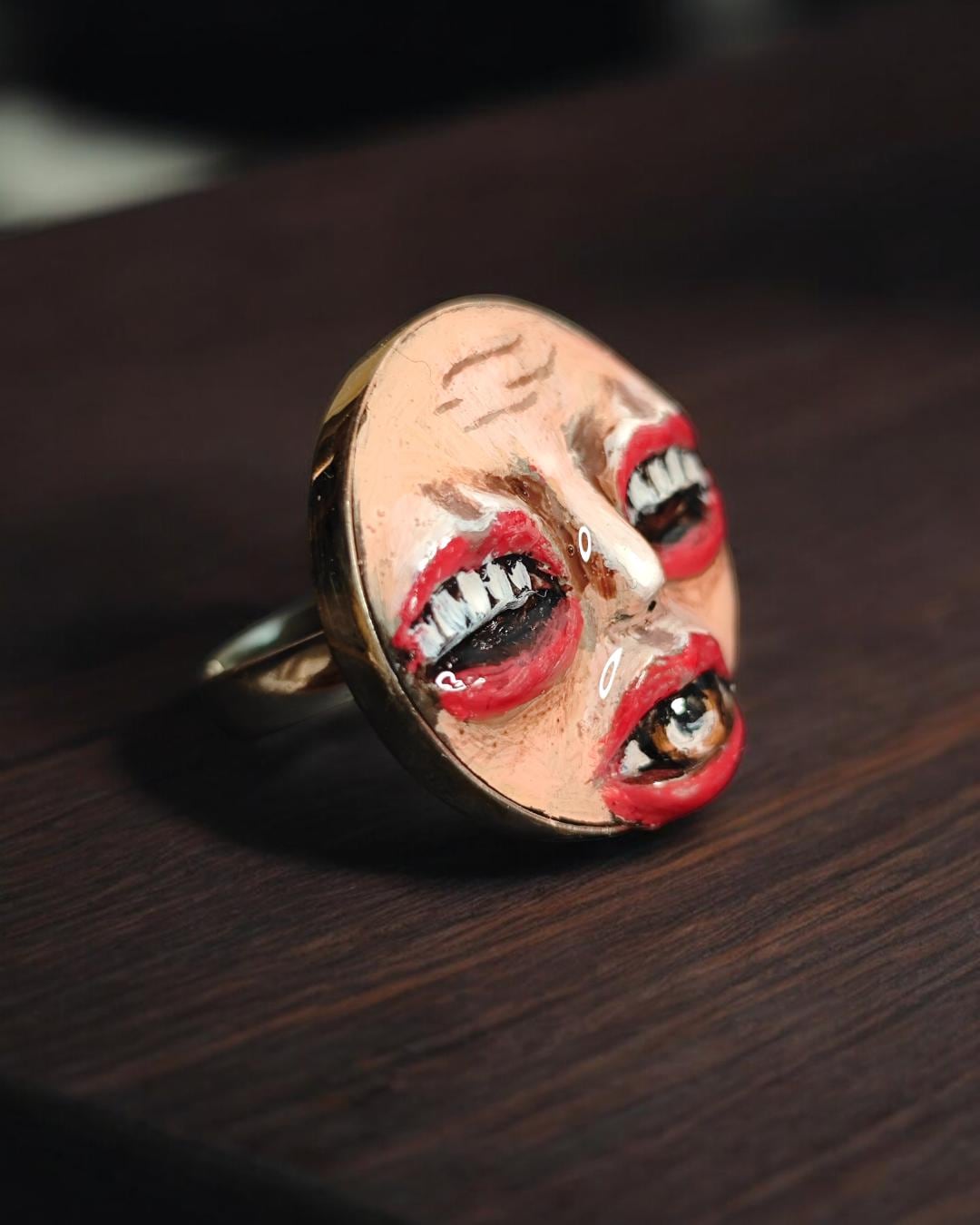 Face with Eye in Mouth & Mouths for Eyes Ring – Handmade Clay and Resin Surreal Statement Jewelry, Sculptural Fantasy Wearable Art with Ster
