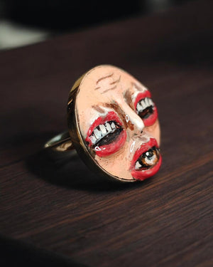 Face with Eye in Mouth & Mouths for Eyes Ring – Handmade Clay and Resin Surreal Statement Jewelry, Sculptural Fantasy Wearable Art with Ster