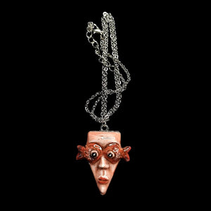 Face with Fish Eye Necklace – Handmade Clay & Resin Surreal Statement Jewelry, Sculptural Wearable Art with Alloy Pendant / Chain