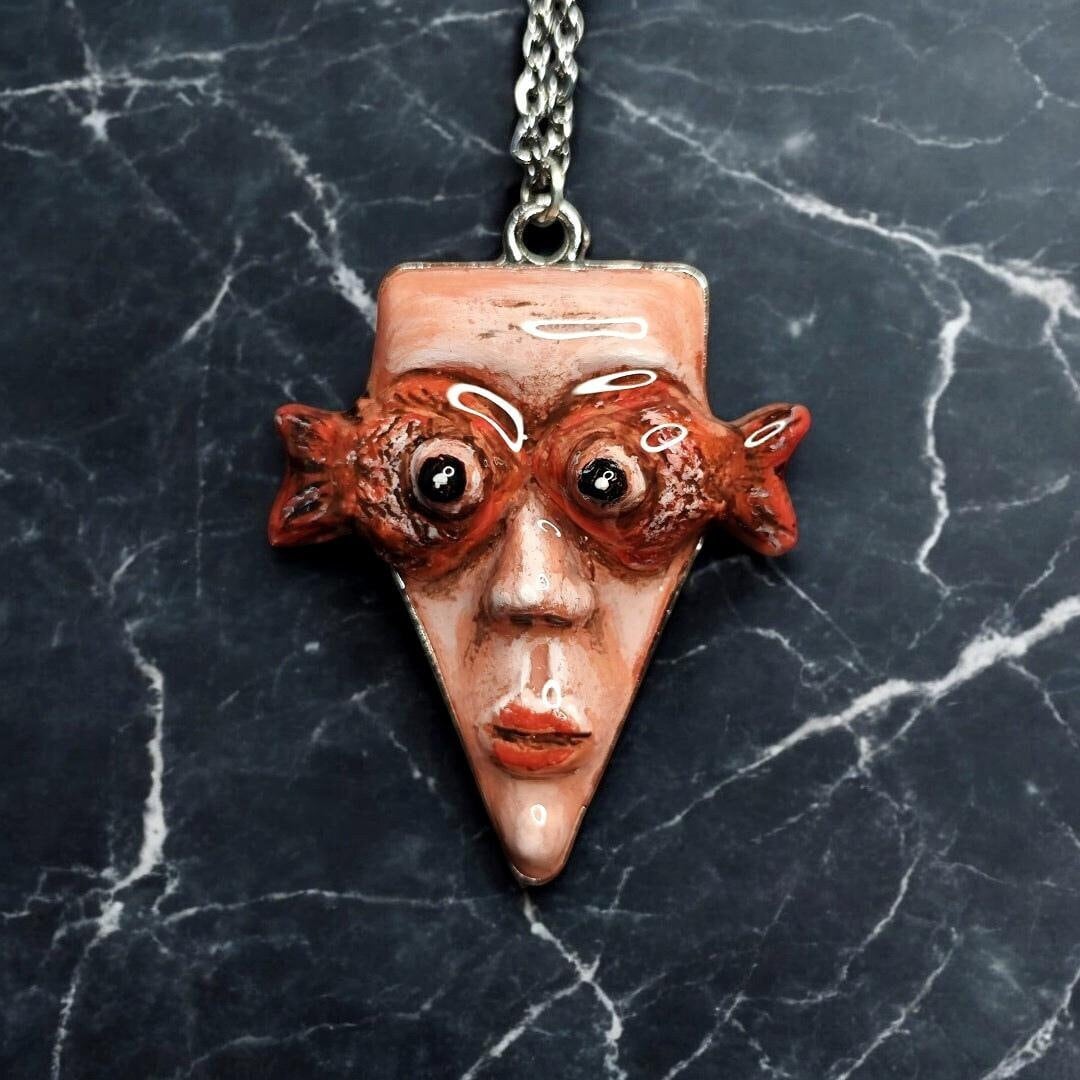 Face with Fish Eye Necklace – Handmade Clay & Resin Surreal Statement Jewelry, Sculptural Wearable Art with Alloy Pendant / Chain