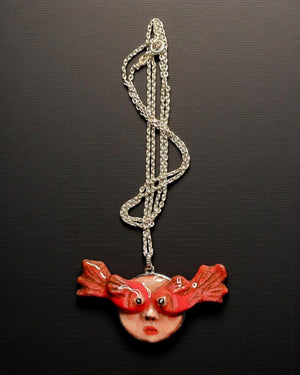 Face with Fish Eye Necklace – Handmade Clay Surreal Statement Jewelry, Sculptural Wearable Art with Sterling Silver S925 Pendant / Chain