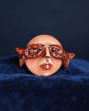 Face with Fish Eyes Pin Button – Handmade Clay & Resin Surreal Wearable Art with Stainless Steel Pin Back - SAMA