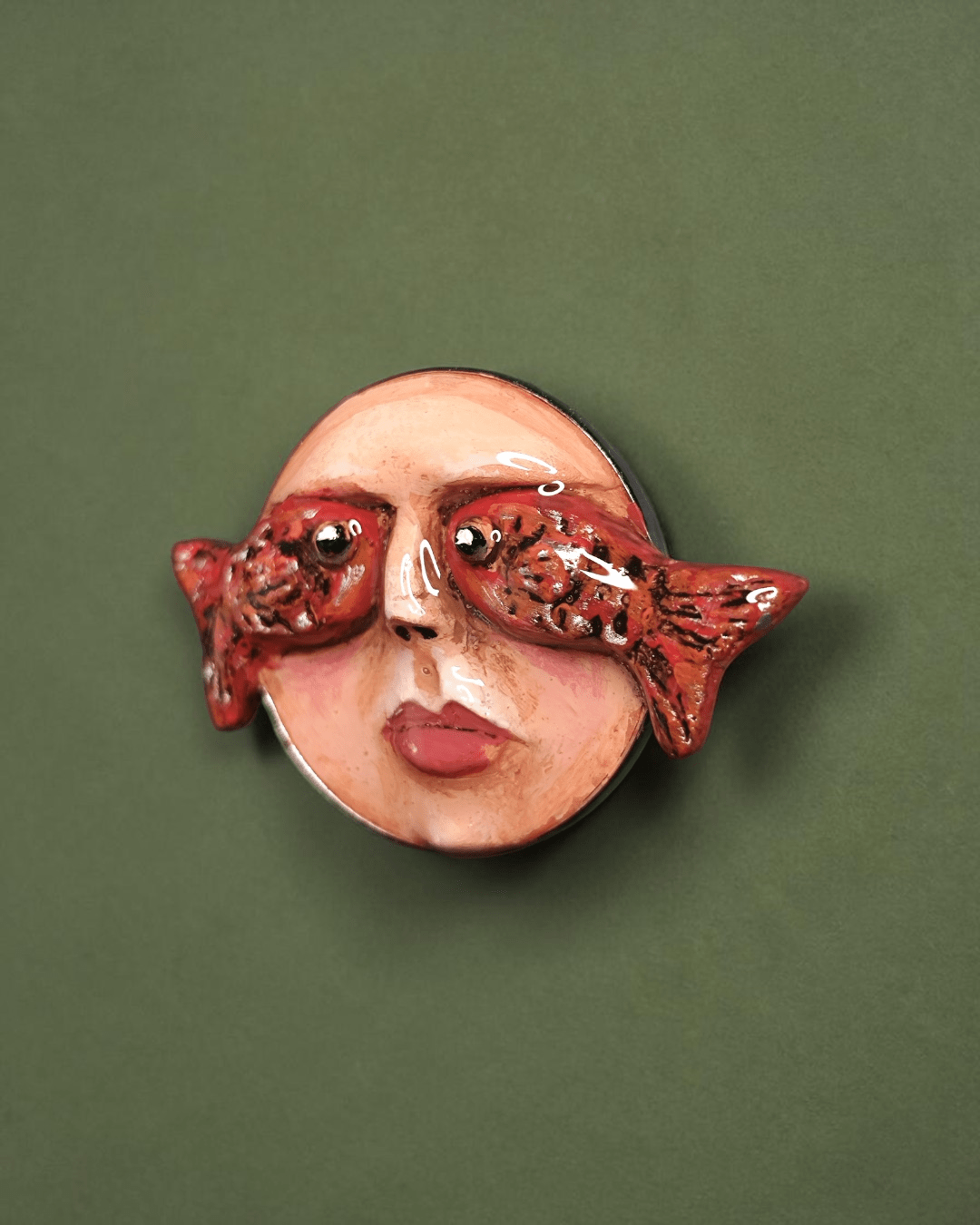 Face with Fish Eyes Pin Button – Handmade Clay & Resin Surreal Wearable Art with Stainless Steel Pin Back - SAMA