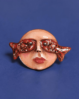Face with Fish Eyes Pin Button – Handmade Clay & Resin Surreal Wearable Art with Stainless Steel Pin Back - SAMA