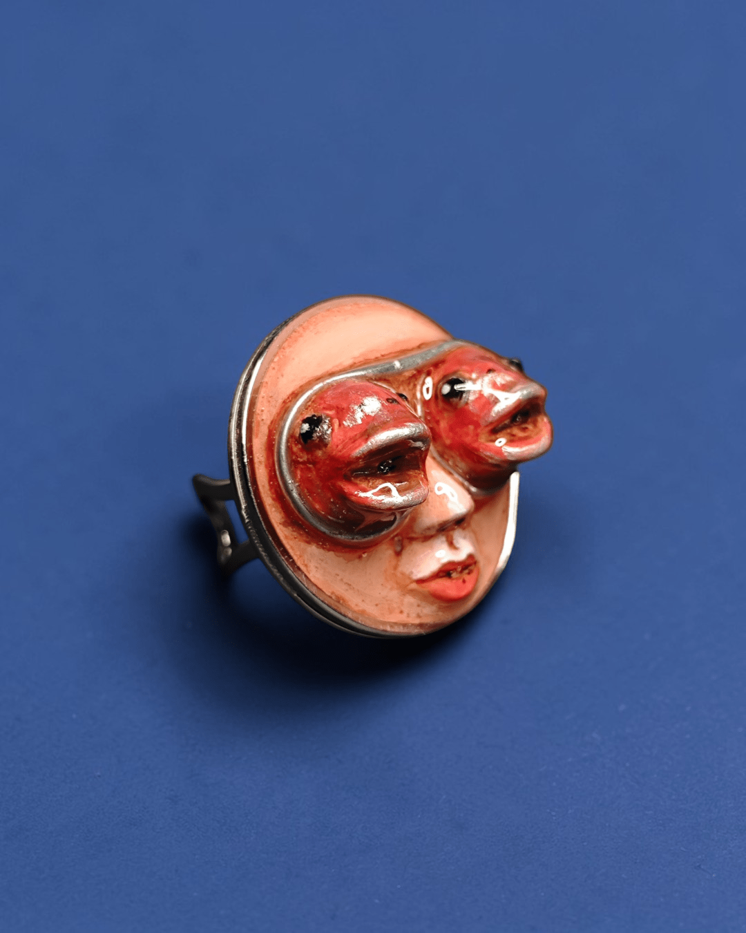 Face with Fish Eyes Ring – Handmade Clay & Resin Surreal Statement Jewelry, Sculptural Fantasy Wearable Art with Adjustable Stainless Steel Band - SAMA