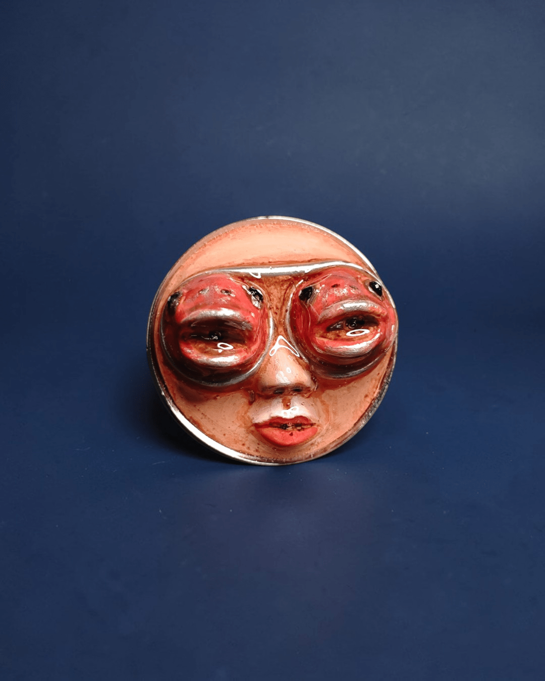 Face with Fish Eyes Ring – Handmade Clay & Resin Surreal Statement Jewelry, Sculptural Fantasy Wearable Art with Adjustable Stainless Steel Band - SAMA