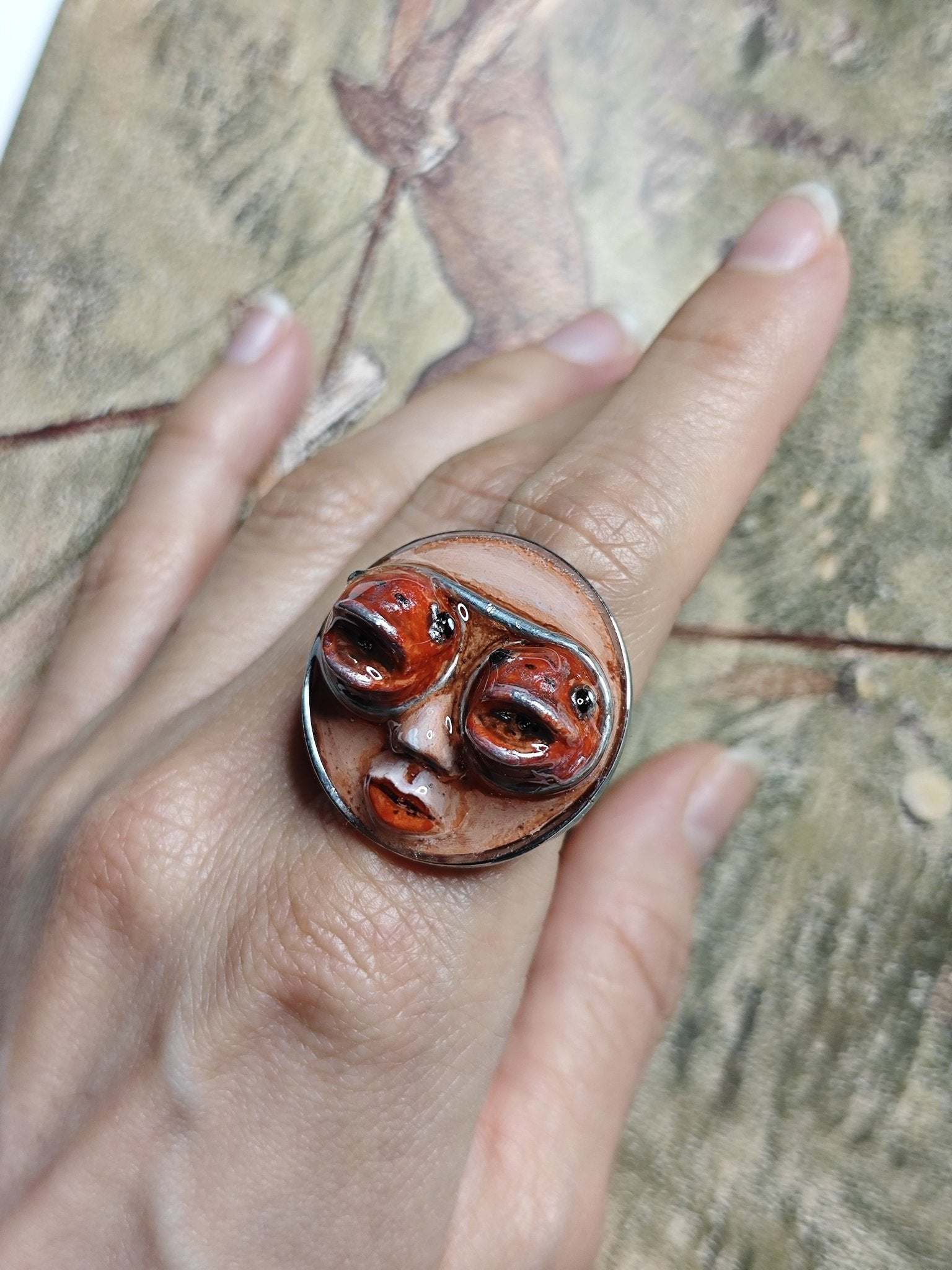 Face with Fish Eyes Ring – Handmade Clay & Resin Surreal Statement Jewelry, Sculptural Fantasy Wearable Art with Adjustable Stainless Steel Band - SAMA