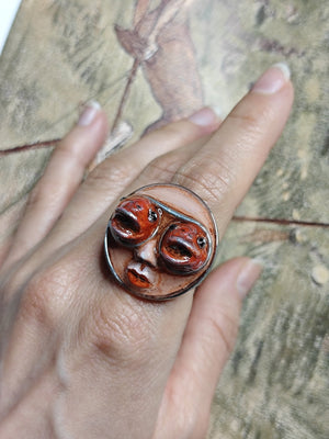 Face with Fish Eyes Ring – Handmade Clay & Resin Surreal Statement Jewelry, Sculptural Fantasy Wearable Art with Adjustable Stainless Steel Band - SAMA