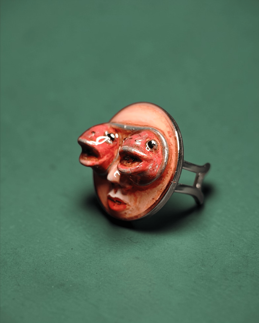 Face with Fish Eyes Ring – Handmade Clay & Resin Surreal Statement Jewelry, Sculptural Fantasy Wearable Art with Adjustable Stainless Steel Band - SAMA