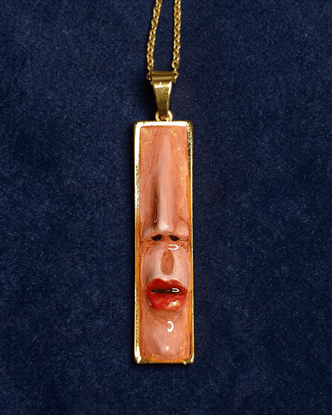 Face with Lips and Nose Necklace – Handmade Clay & Resin Surreal Statement Jewelry, Sculptural Fantasy Wearable Art with Stainless Steel Chain / Pendant - SAMA