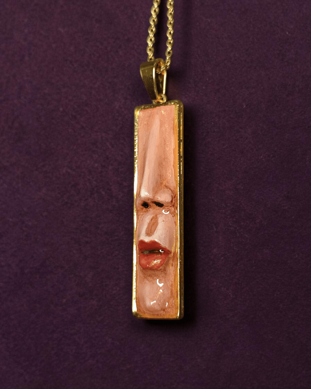 Face with Lips and Nose Necklace – Handmade Clay & Resin Surreal Statement Jewelry, Sculptural Fantasy Wearable Art with Stainless Steel Chain / Pendant - SAMA