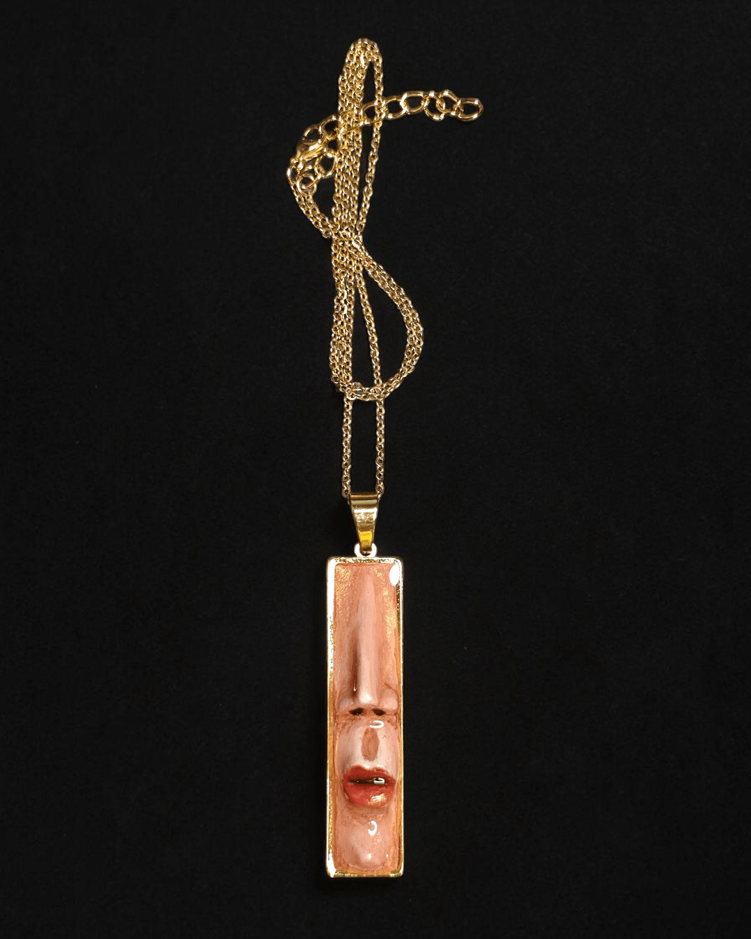 Face with Lips and Nose Necklace – Handmade Clay & Resin Surreal Statement Jewelry, Sculptural Fantasy Wearable Art with Stainless Steel Chain / Pendant - SAMA