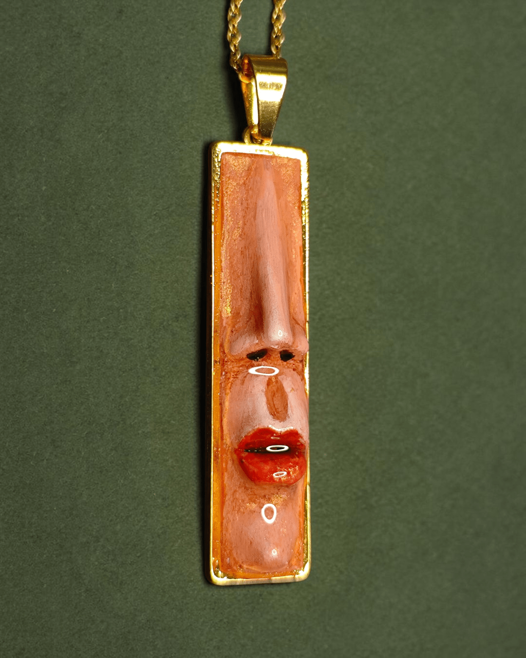 Face with Lips and Nose Necklace – Handmade Clay & Resin Surreal Statement Jewelry, Sculptural Fantasy Wearable Art with Stainless Steel Chain / Pendant - SAMA