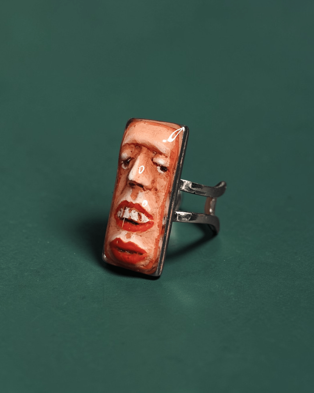 Face with Two Mouths Ring – Handmade Clay & Resin Surreal Statement Jewelry, Sculptural Fantasy Wearable Art with Adjustable Stainless Steel Band - SAMA