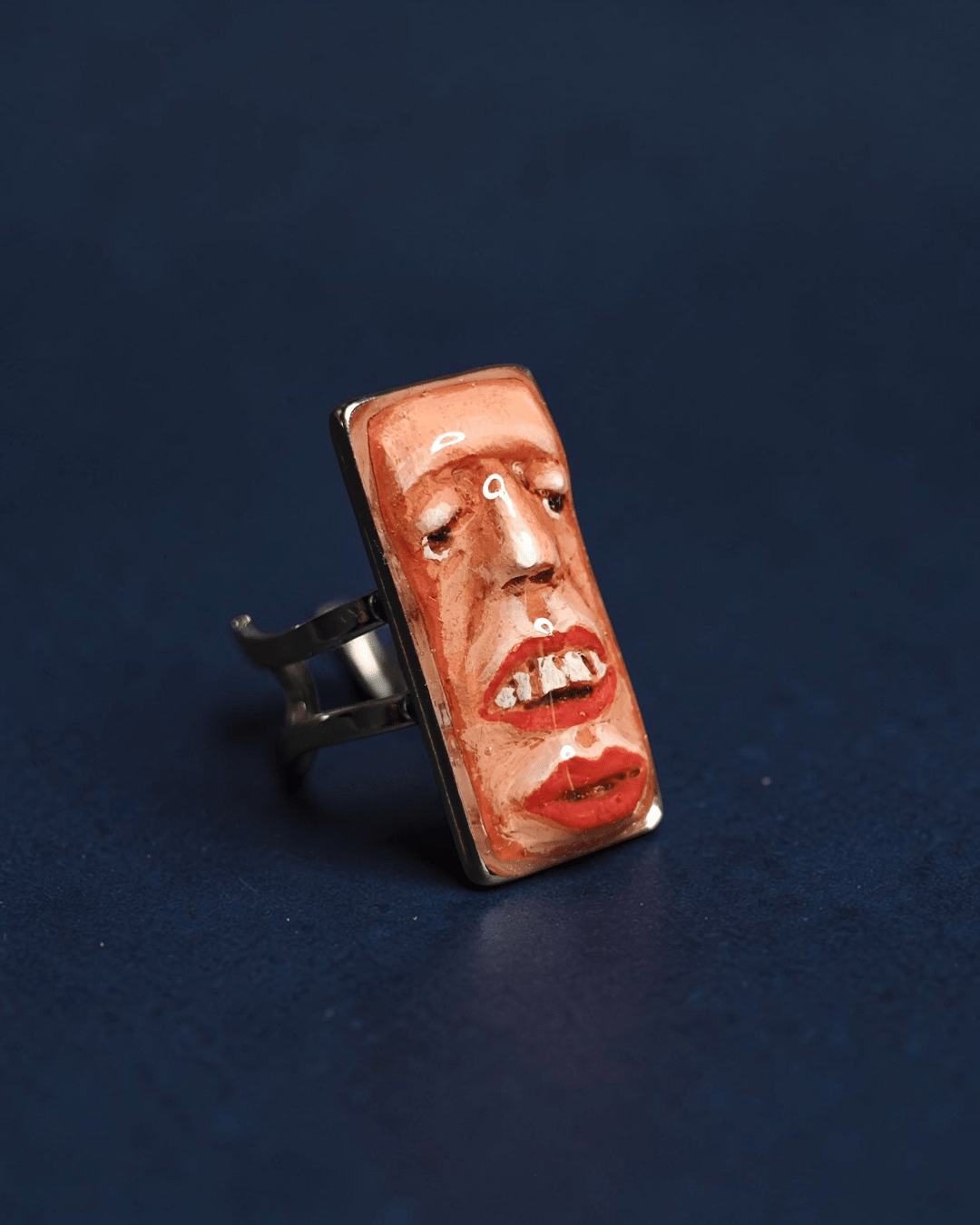 Face with Two Mouths Ring – Handmade Clay & Resin Surreal Statement Jewelry, Sculptural Fantasy Wearable Art with Adjustable Stainless Steel Band - SAMA
