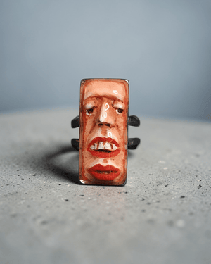 Face with Two Mouths Ring – Handmade Clay & Resin Surreal Statement Jewelry, Sculptural Fantasy Wearable Art with Adjustable Stainless Steel Band - SAMA