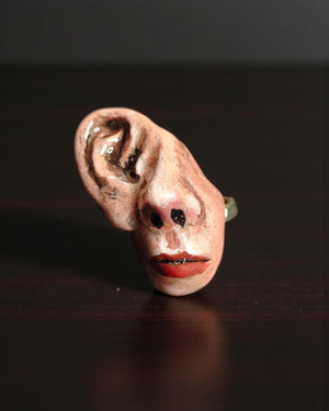 Face without Eyes with One Big Ear Ring – Handmade Clay & Resin Surreal Statement Jewelry, Sculptural Fantasy Wearable Art with Sterling Sil