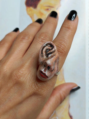 Face without Eyes with One Big Ear Ring – Handmade Clay & Resin Surreal Statement Jewelry, Sculptural Fantasy Wearable Art with Sterling Sil