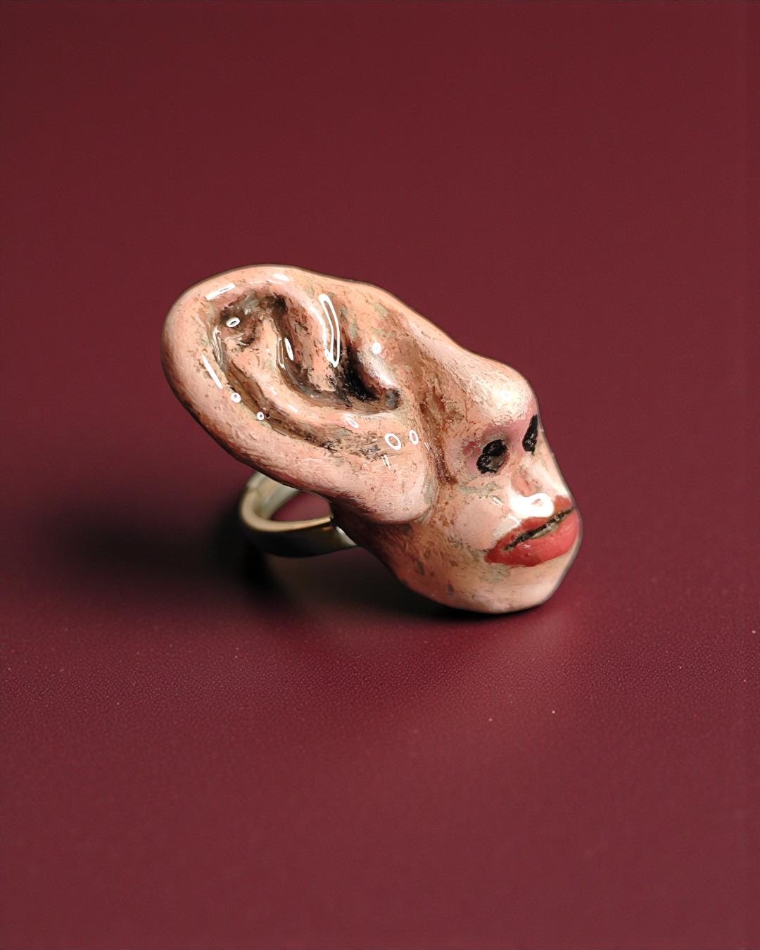Face without Eyes with One Big Ear Ring – Handmade Clay & Resin Surreal Statement Jewelry, Sculptural Fantasy Wearable Art with Sterling Sil