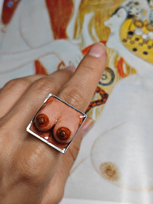 Feminine Body Form Ring – Handmade Clay & Resin Surreal Statement Jewelry with Adjustable Stainless Steel Band - SAMA