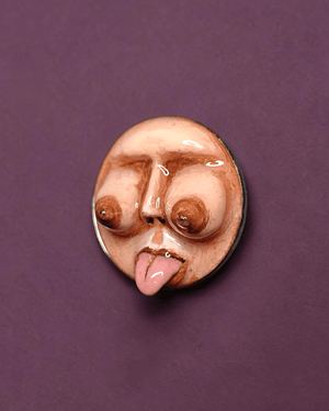 Feminine Body Form with Tongue Out Pin Button – Handmade Clay & Resin Surreal Wearable Art with Stainless Steel Pin Back - SAMA