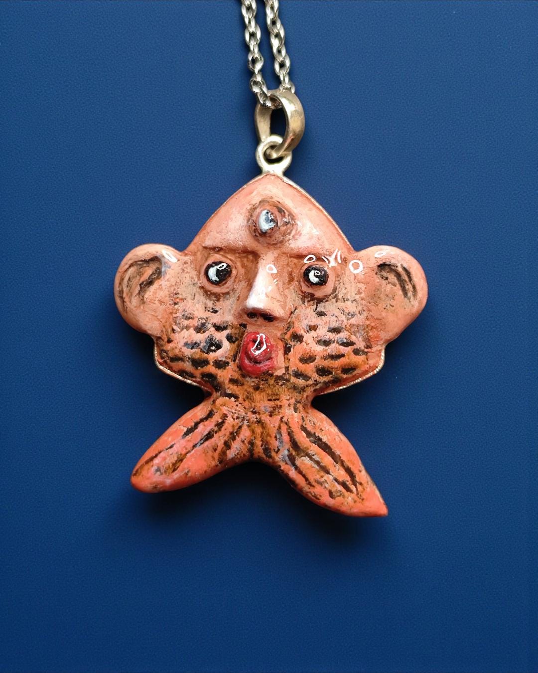 Fish-Human Face Necklace – Handmade Clay & Resin Surreal Statement Jewelry, Sculptural Fantasy Wearable Art with Sterling Silver S925 Chain