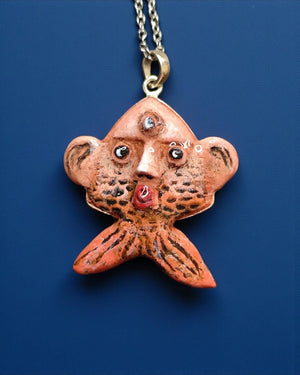 Fish-Human Face Necklace – Handmade Clay & Resin Surreal Statement Jewelry, Sculptural Fantasy Wearable Art with Sterling Silver S925 Chain