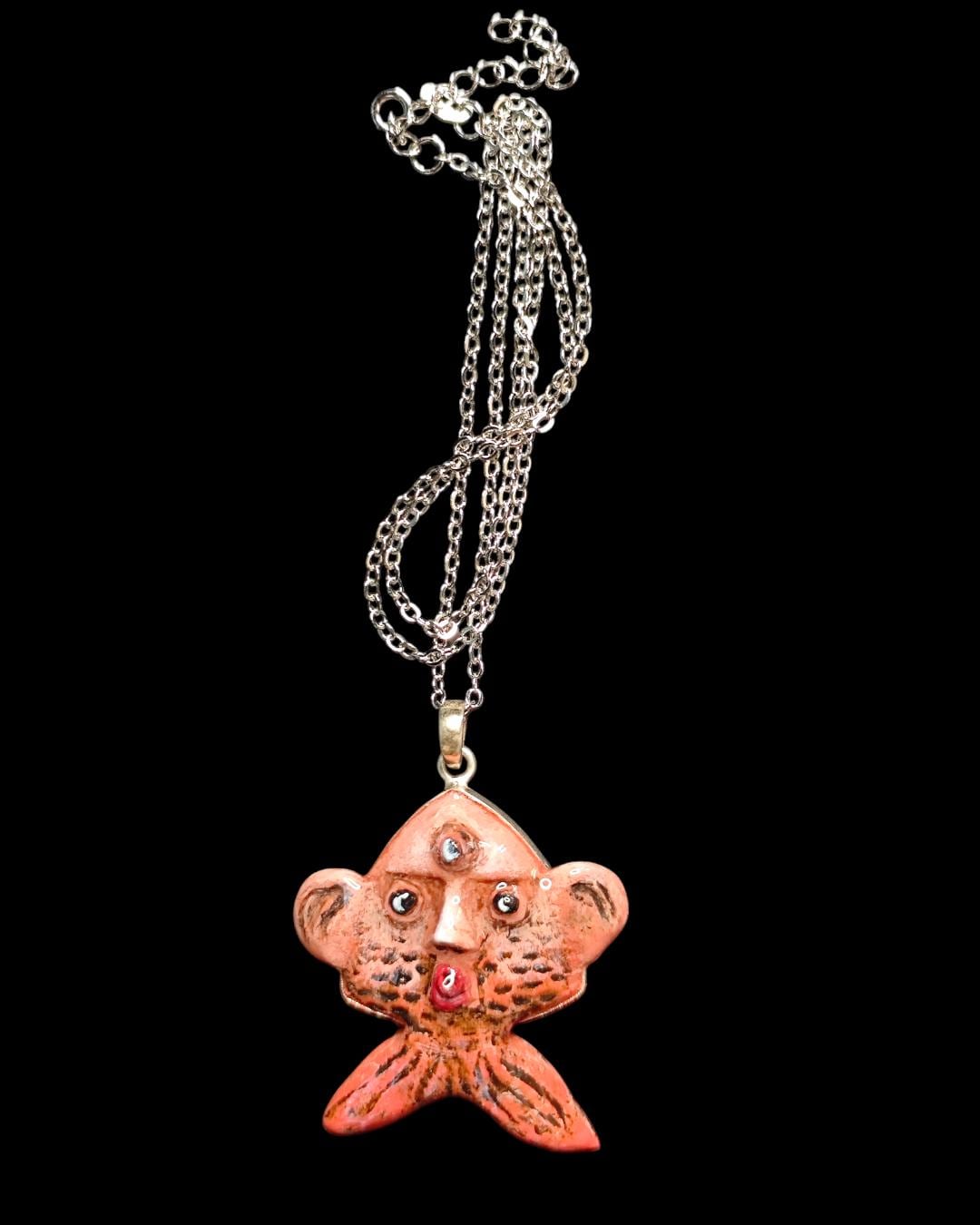 Fish-Human Face Necklace – Handmade Clay & Resin Surreal Statement Jewelry, Sculptural Fantasy Wearable Art with Sterling Silver S925 Chain
