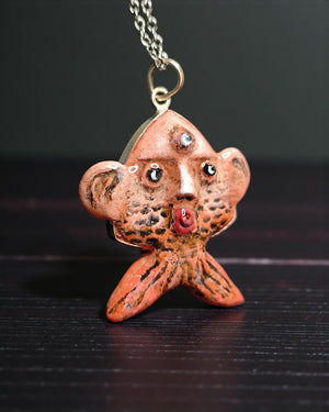 Fish-Human Face Necklace – Handmade Clay & Resin Surreal Statement Jewelry, Sculptural Fantasy Wearable Art with Sterling Silver S925 Chain