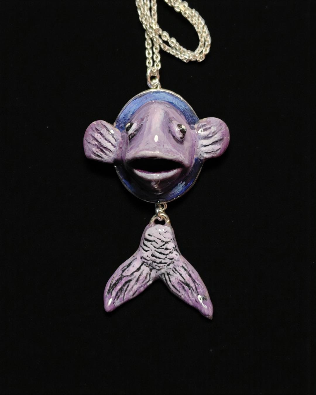 Fish Necklace – Handmade Clay & Resin Surreal Statement Jewelry, Sculptural Wearable Art with Sterling Silver S925 Pendant / Chain OOAK