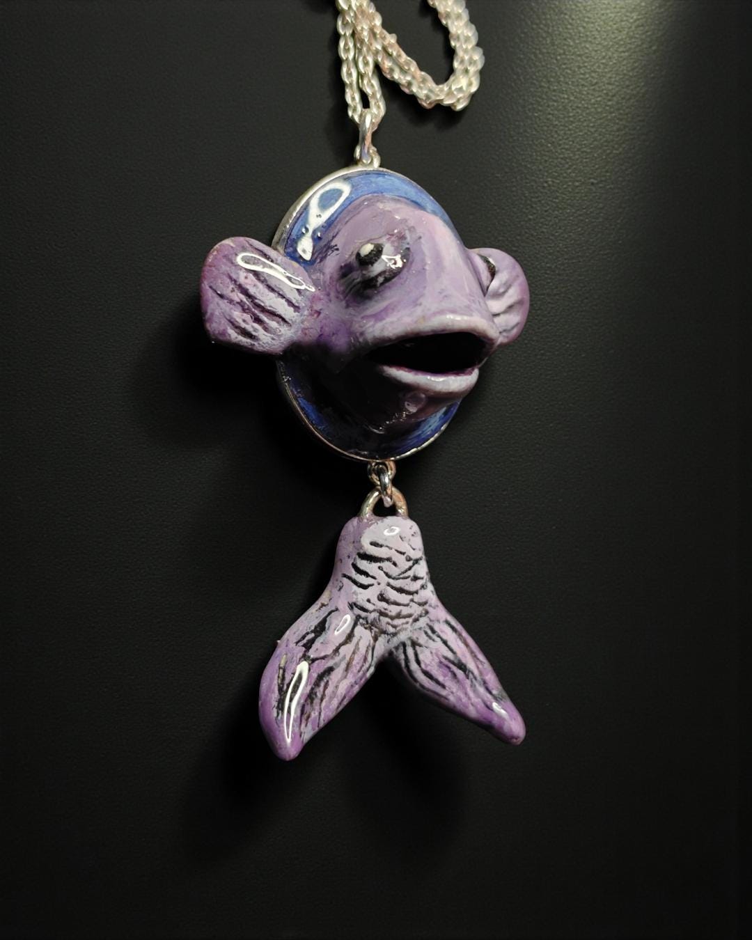 Fish Necklace – Handmade Clay & Resin Surreal Statement Jewelry, Sculptural Wearable Art with Sterling Silver S925 Pendant / Chain OOAK