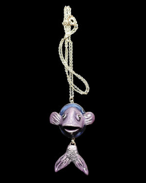 Fish Necklace – Handmade Clay & Resin Surreal Statement Jewelry, Sculptural Wearable Art with Sterling Silver S925 Pendant / Chain OOAK