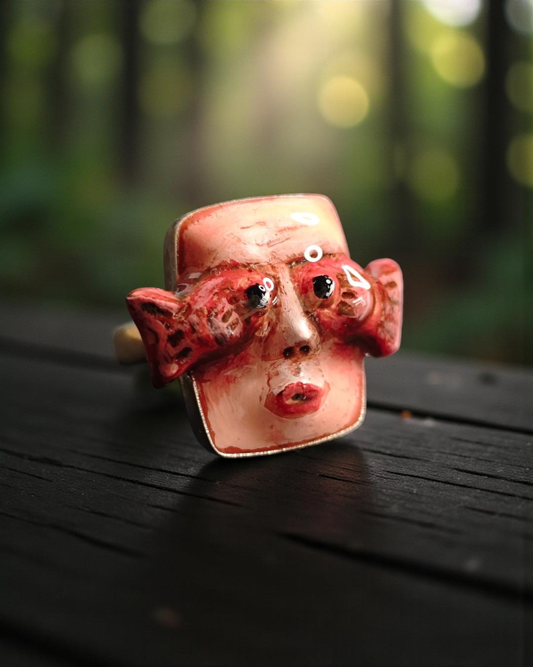 Fish on Eyes Ring – Handmade Clay & Resin Surreal Statement Jewelry, Sculptural Fantasy Wearable Art with Sterling Silver S925 Band