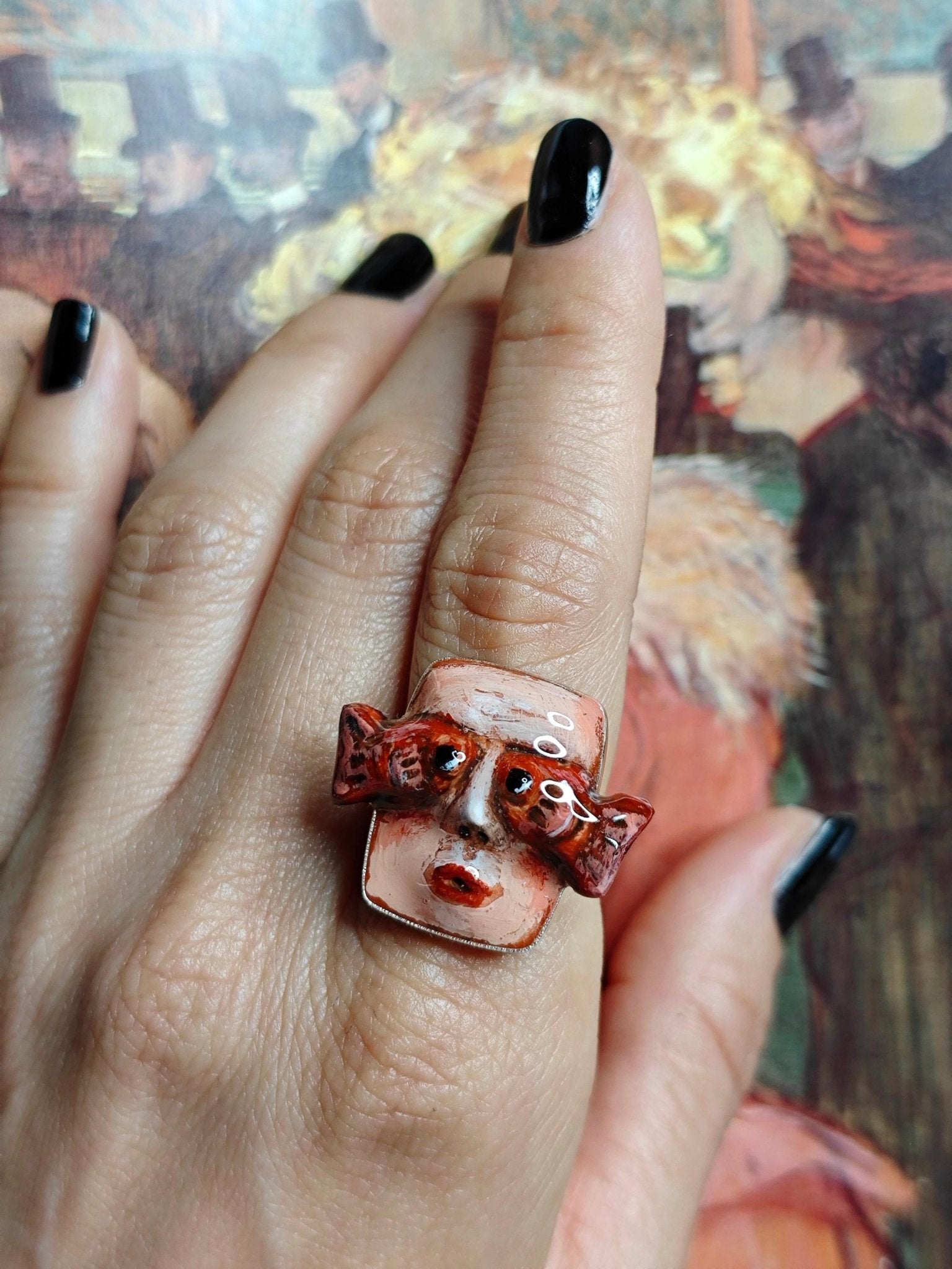 Fish on Eyes Ring – Handmade Clay & Resin Surreal Statement Jewelry, Sculptural Fantasy Wearable Art with Sterling Silver S925 Band