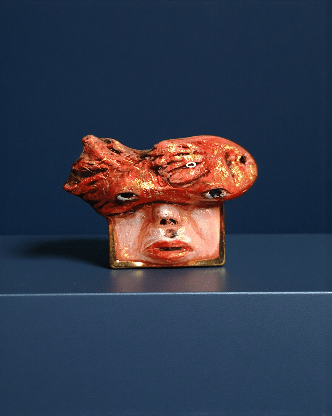 Fish on Face Ring – Handmade Clay & Resin Surreal Statement Jewelry with Adjustable Stainless Steel Band - SAMA