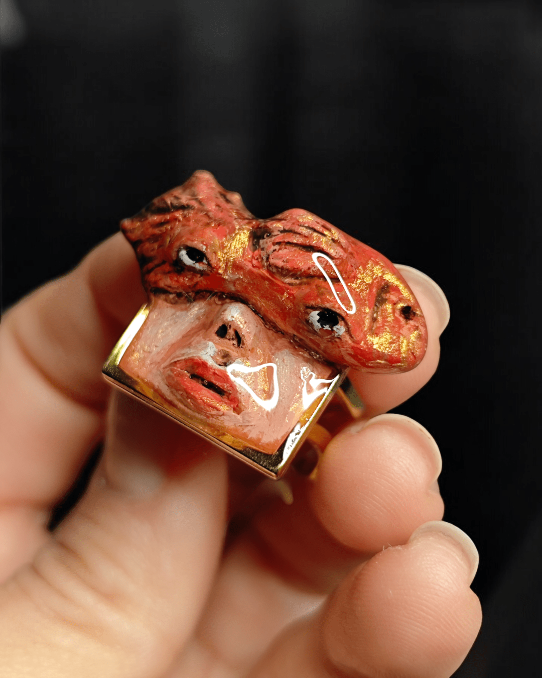 Fish on Face Ring – Handmade Clay & Resin Surreal Statement Jewelry with Adjustable Stainless Steel Band - SAMA