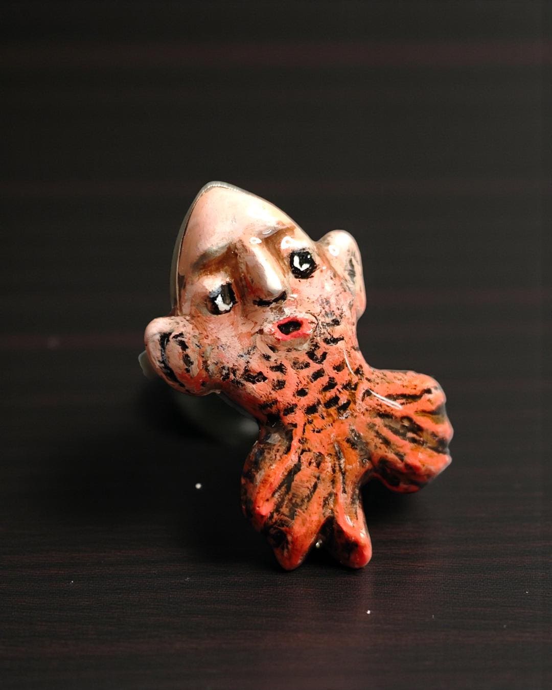 Fish with Human Face Ring – Handmade Clay & Resin Surreal Statement Jewelry, Sculptural Fantasy Wearable Art with Adjustable Stainless Steel