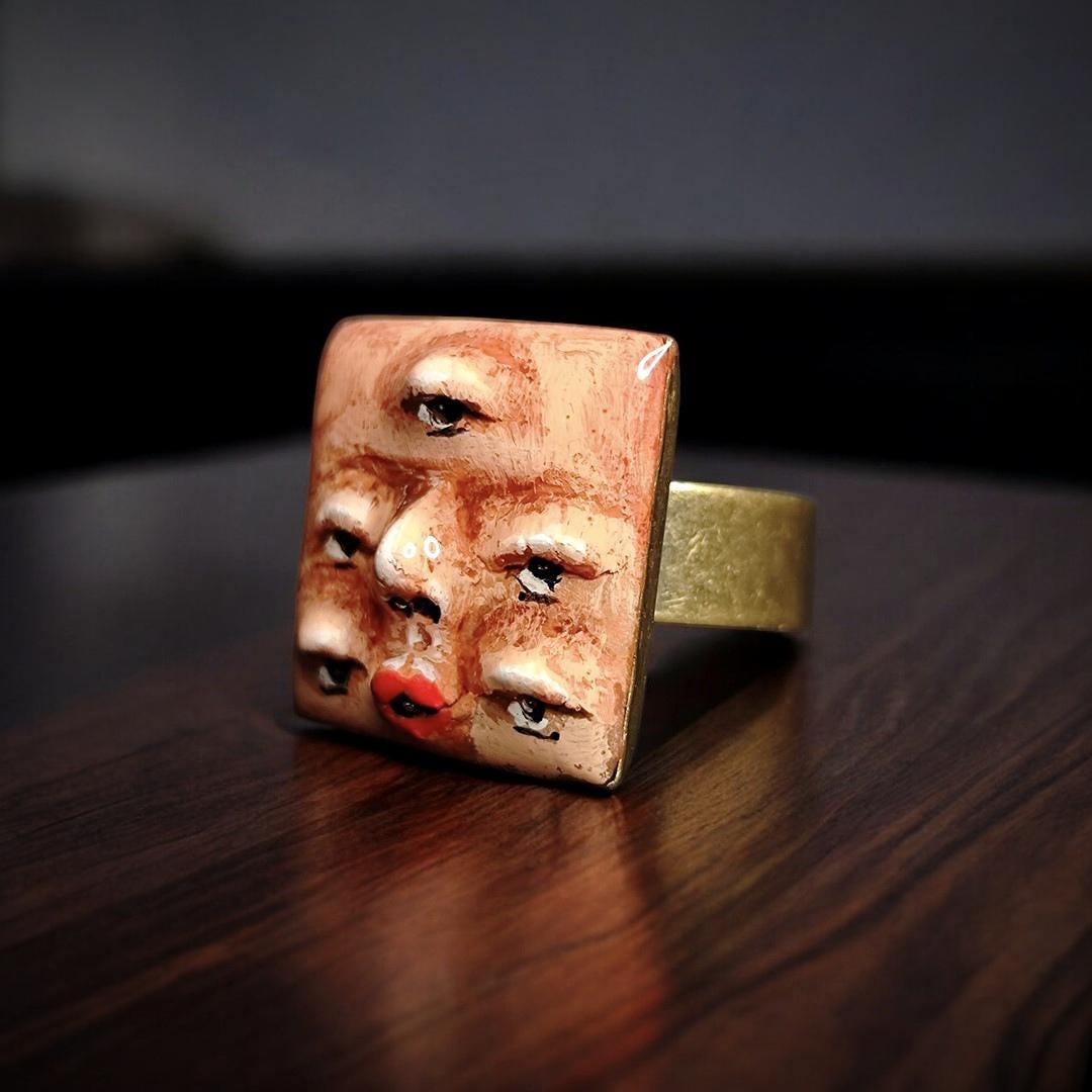 Five Eyes Ring – Handmade Clay & Resin Dark Surreal Statement Jewelry, Sculptural Fantasy Wearable Art on Adjustable Iron Band