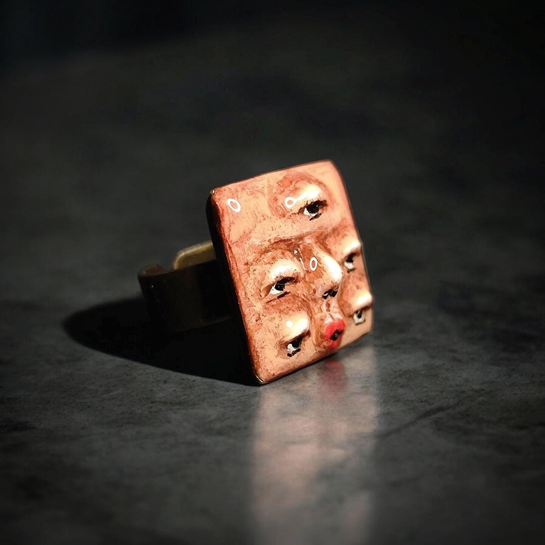 Five Eyes Ring – Handmade Clay & Resin Dark Surreal Statement Jewelry, Sculptural Fantasy Wearable Art on Adjustable Iron Band