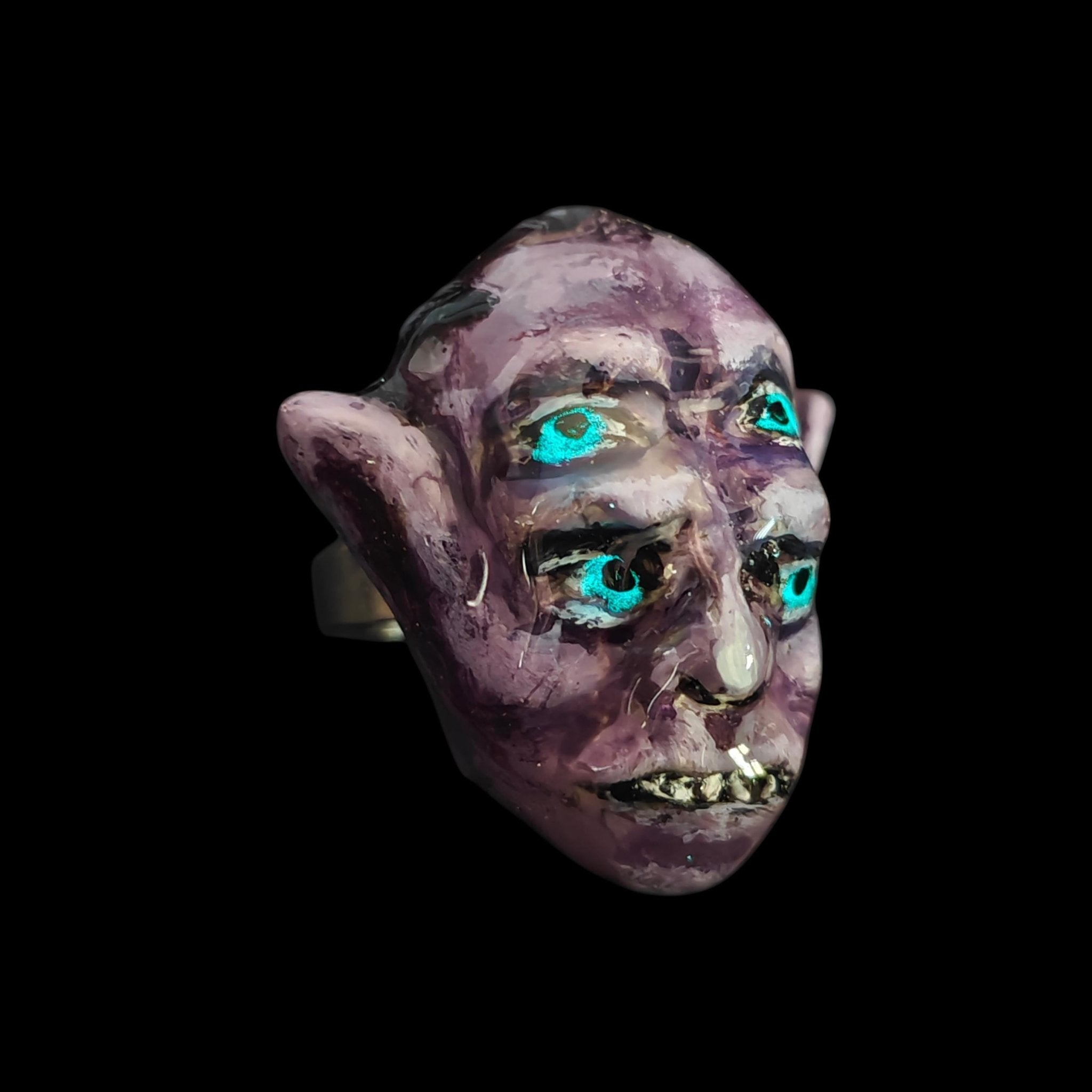 Four Eyes Glow Ring – Handmade Clay & Resin Surreal Statement Jewelry, Dark Fantasy Wearable Art on Adjustable Stainless Steel Band OOAK