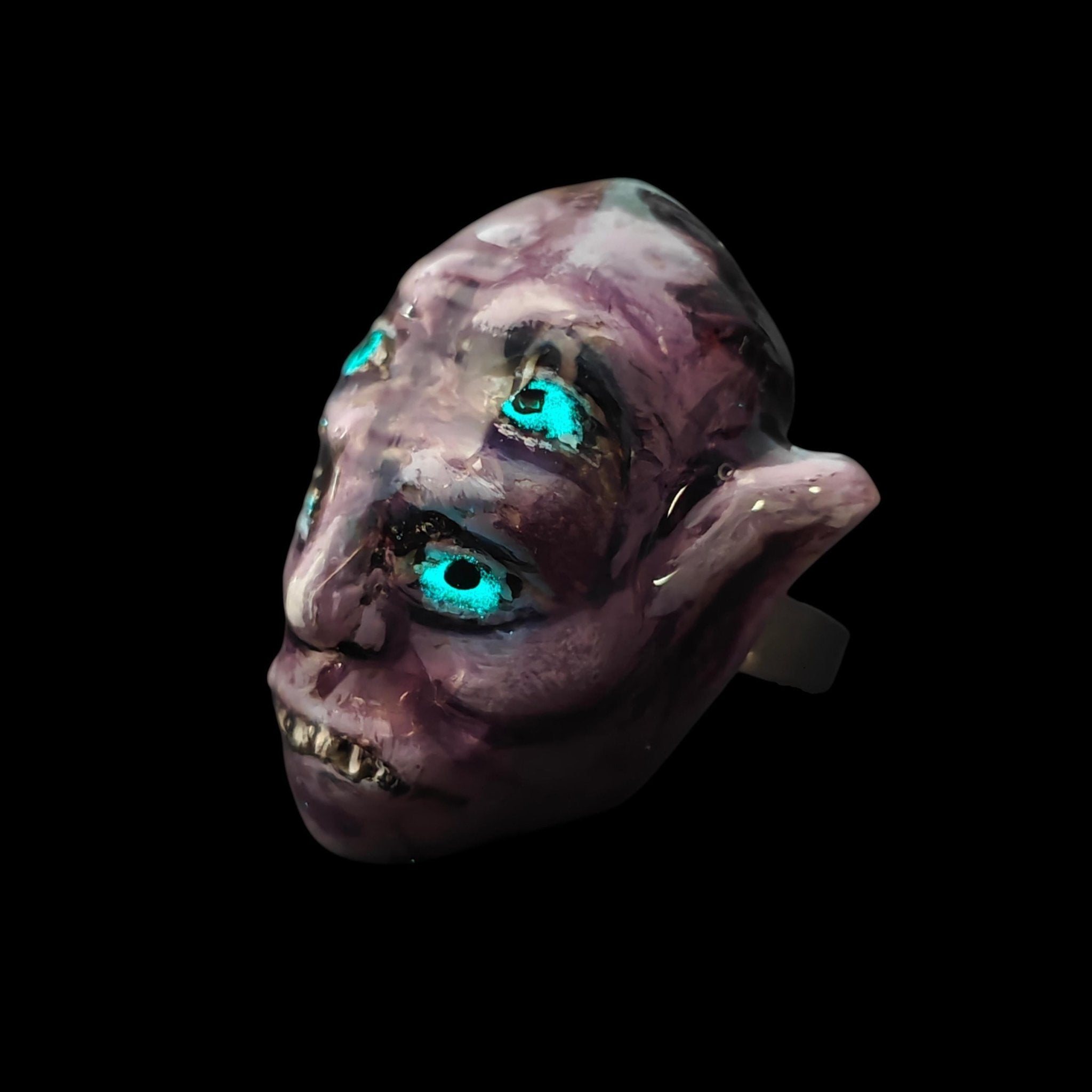 Four Eyes Glow Ring – Handmade Clay & Resin Surreal Statement Jewelry, Dark Fantasy Wearable Art on Adjustable Stainless Steel Band OOAK