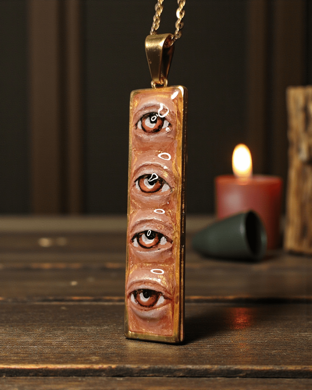 Four Eyes Necklace – Handmade Clay & Resin Surreal Statement Jewelry, Sculptural Fantasy Wearable Art with Stainless Steel Chain / Pendant - SAMA