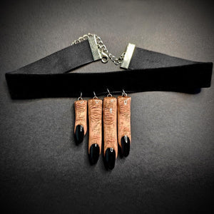Four Fingers Choker – Handmade Clay & Resin Surreal Statement Necklace with Black Nails, Sculptural Wearable Art OOAK