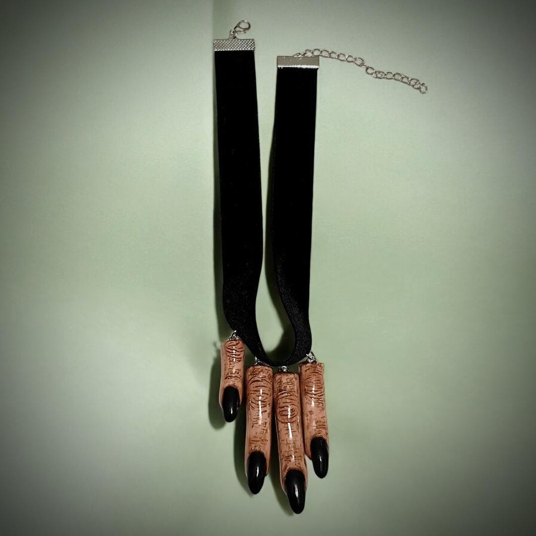 Four Fingers Choker – Handmade Clay & Resin Surreal Statement Necklace with Black Nails, Sculptural Wearable Art OOAK