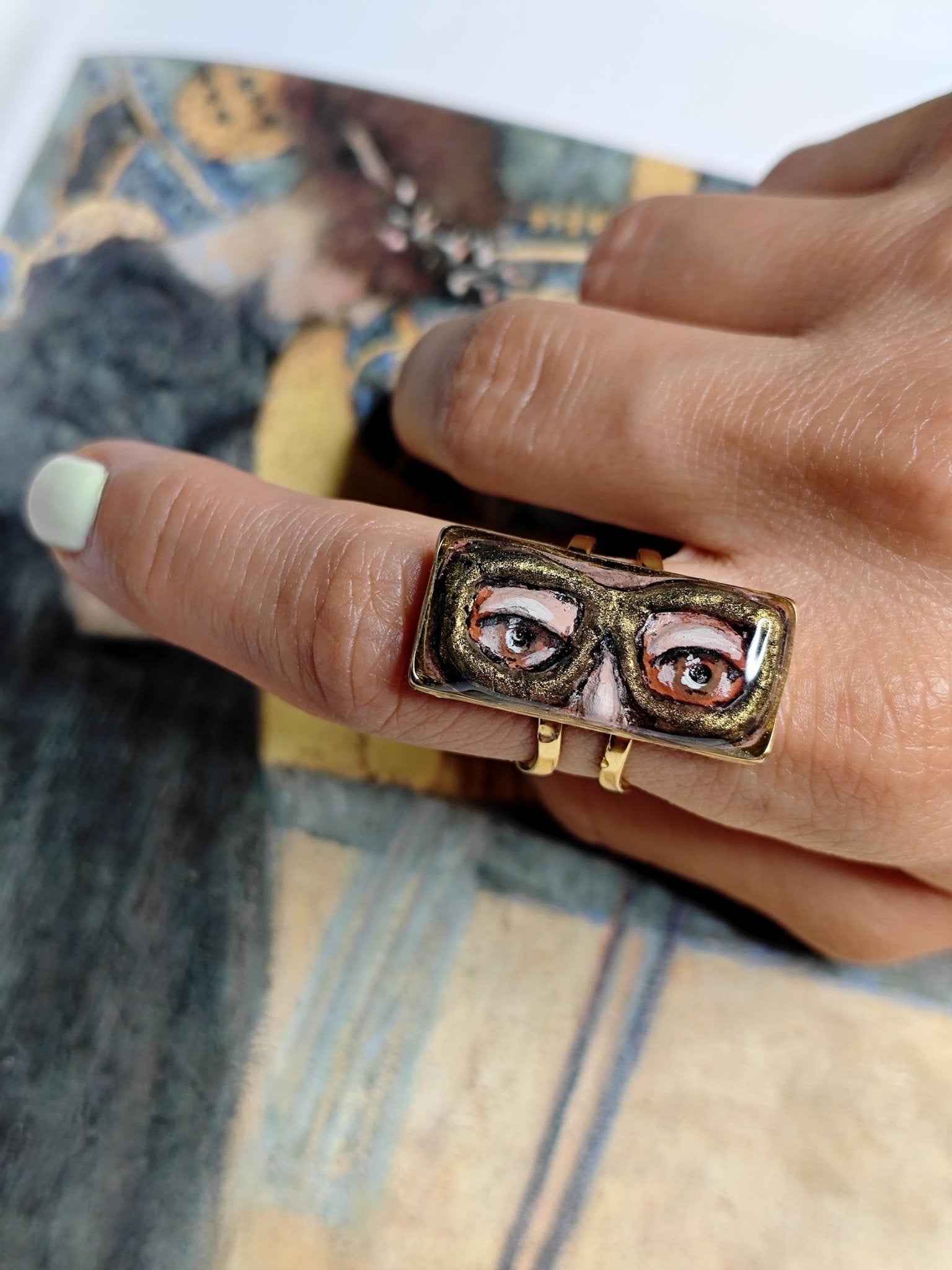 Glasses Eyes Ring – Handmade Clay & Resin Surreal Statement Jewelry, Sculptural Wearable Art on Adjustable Stainless Steel Band OOAK