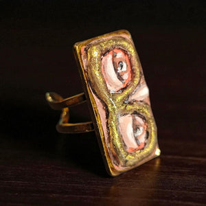Glasses Eyes Ring – Handmade Clay & Resin Surreal Statement Jewelry, Sculptural Wearable Art on Adjustable Stainless Steel Band OOAK