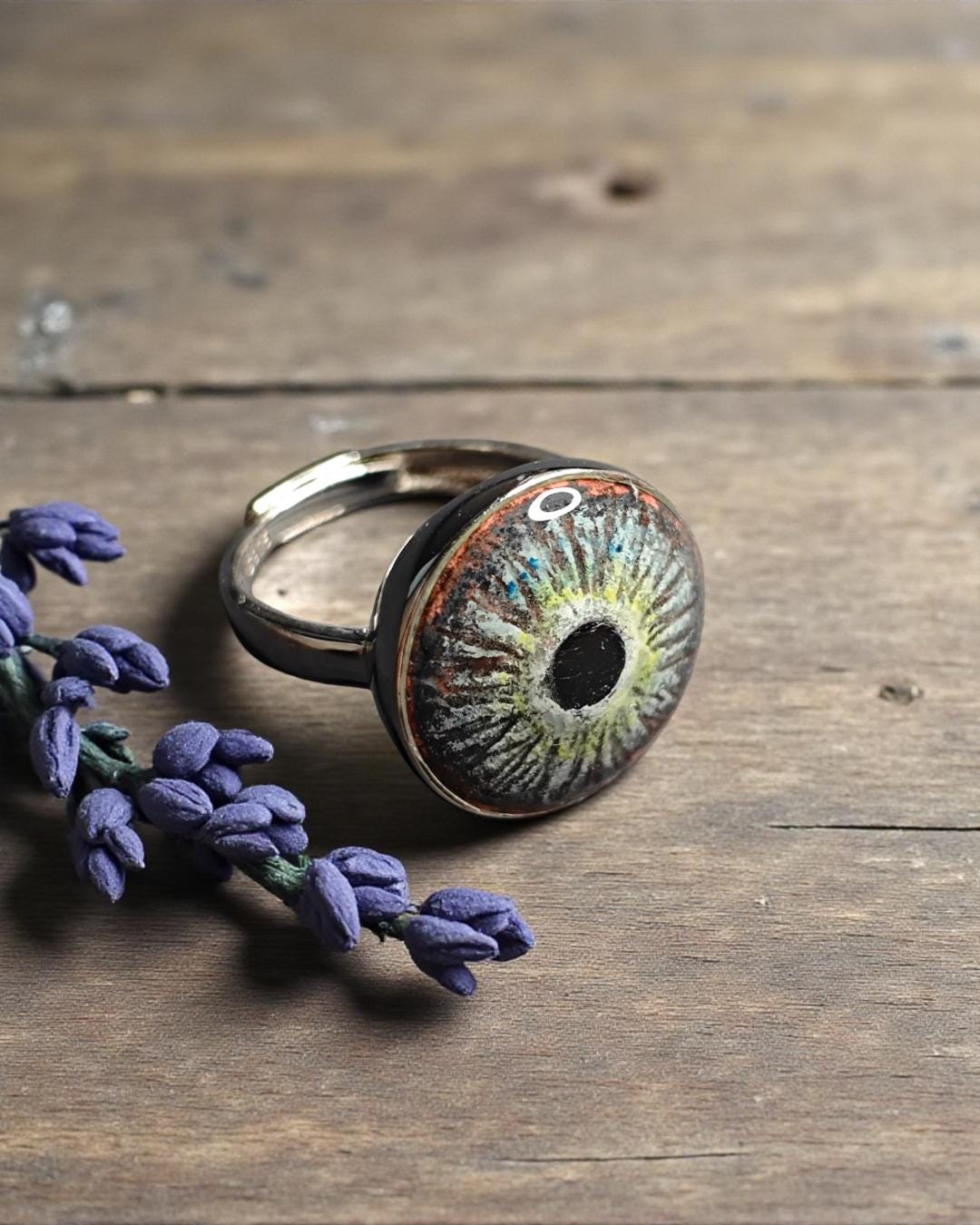 Glowing Eye Ring – Handmade Clay & Resin Surreal Statement Jewelry, Sculptural Fantasy Wearable Art on Sterling Silver S925 Band