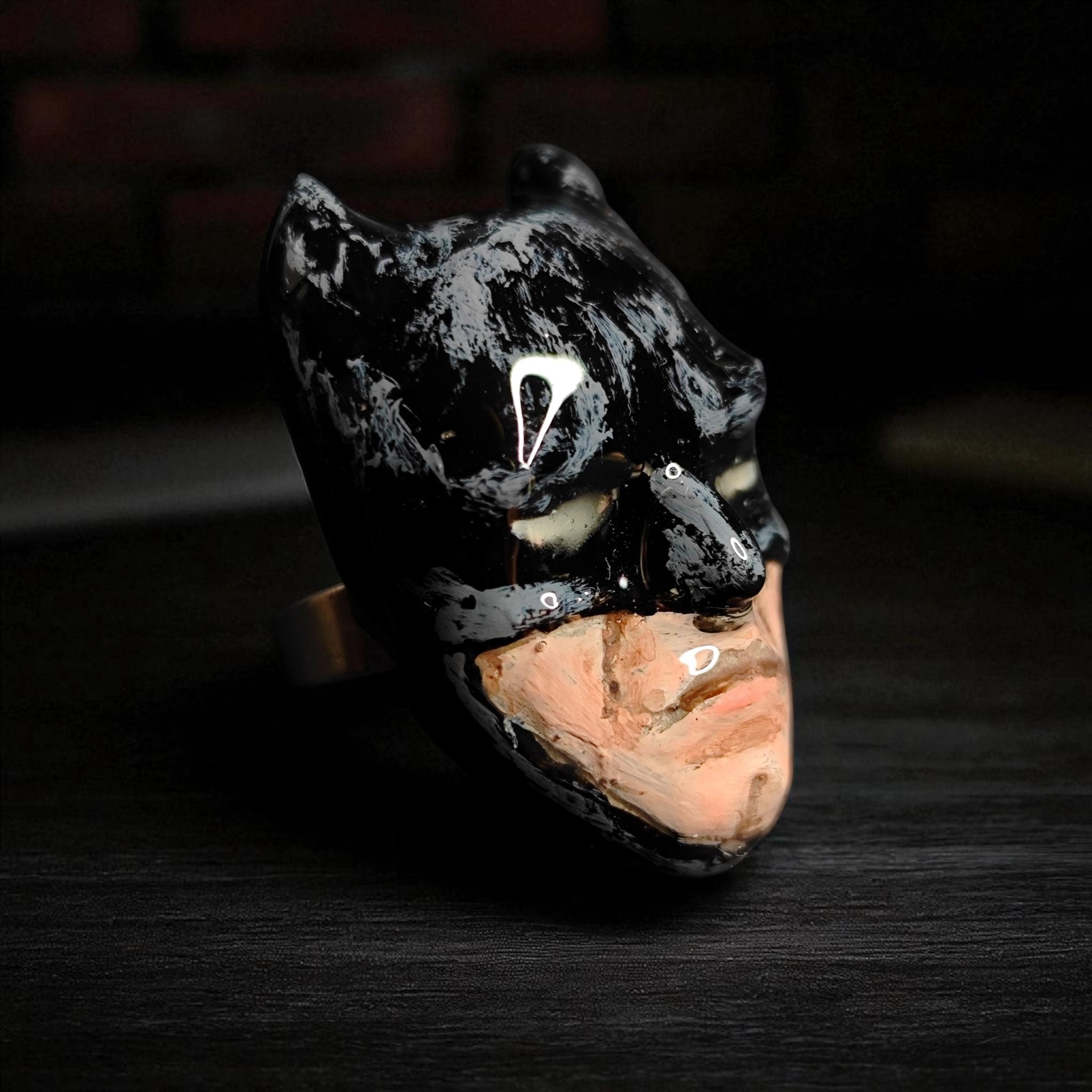 Glowing Eyes Ring – Handmade Clay & Resin Dark Fantasy Statement Jewelry, Mysterious Wearable Art on Adjustable Stainless Steel Band OOAK