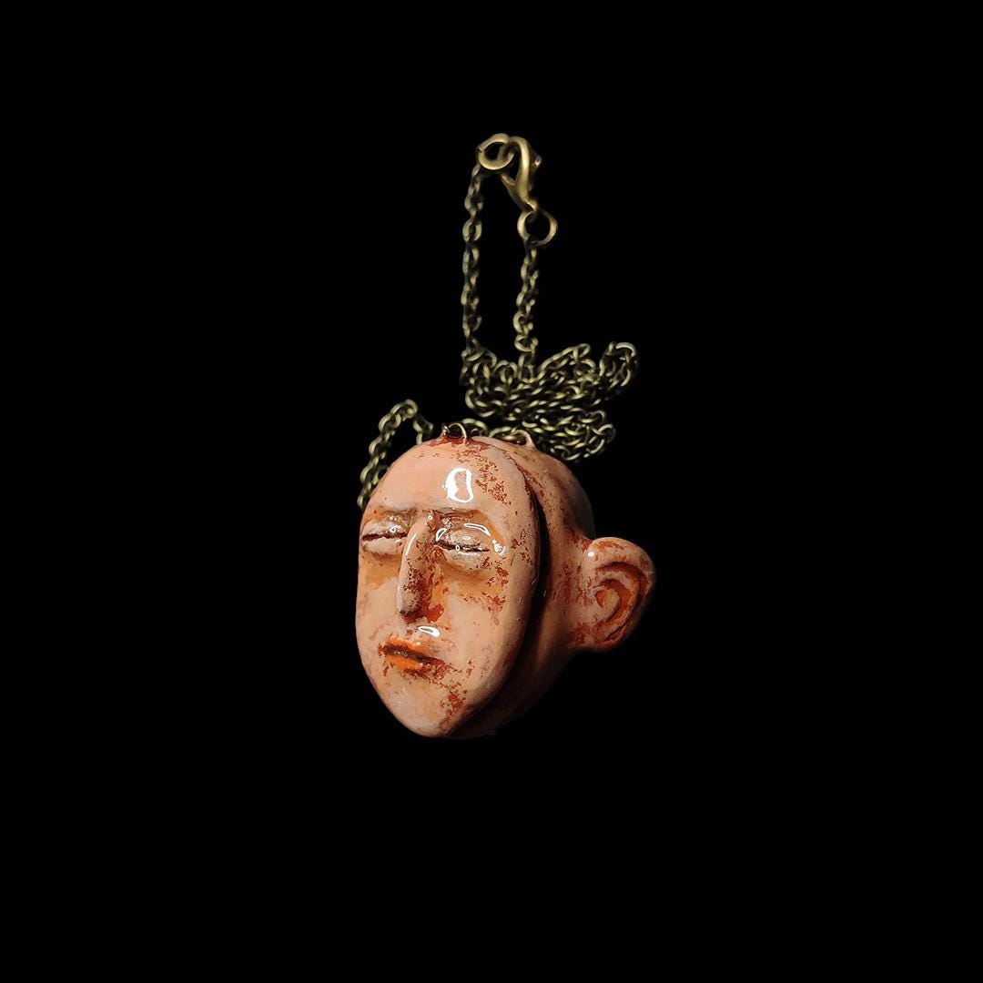 Glowing Hollow Head Necklace – Handmade Clay & Resin Surreal Statement Jewelry with Face on Chain, Sculptural Wearable Art OOAK