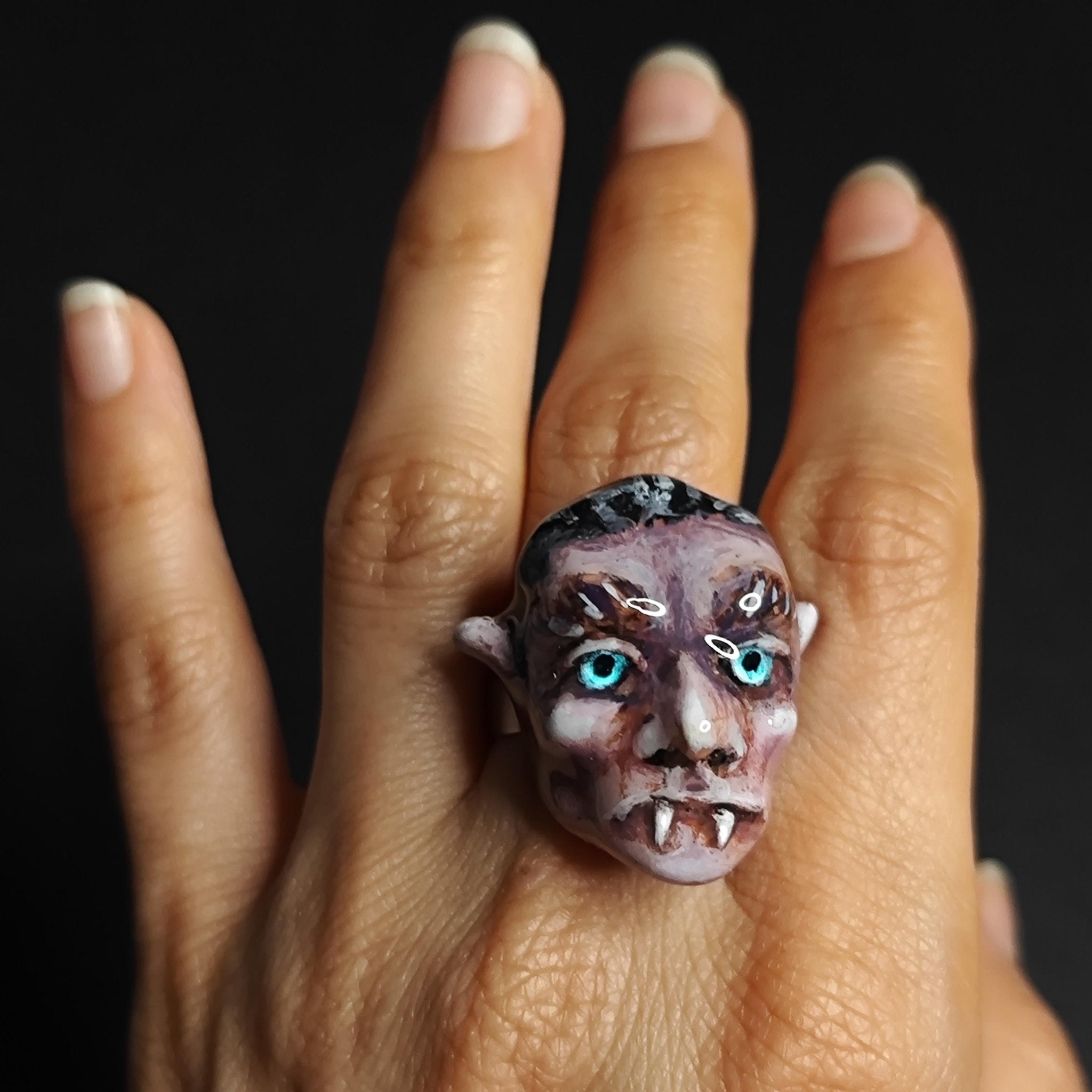 Gothic Glow Ring – Handmade Clay & Resin Statement Jewelry, Dark Surreal Wearable Art with Adjustable Stainless Steel Band OOAK